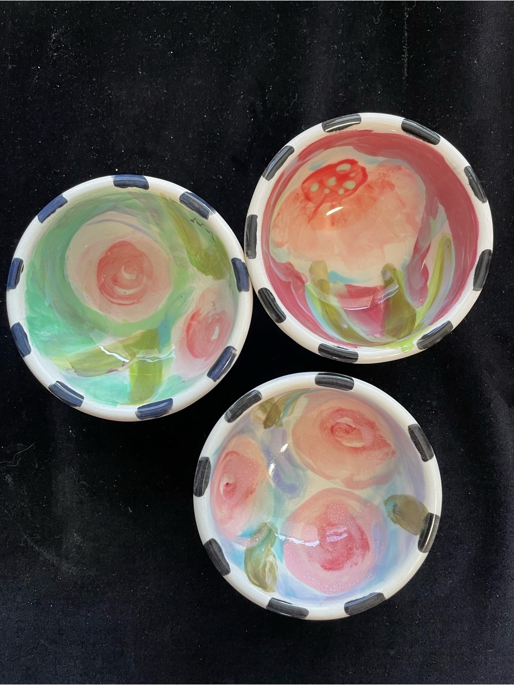 3 Hand Painted Dipping Bowls βPink Flowers3.5βx2βOriginal Design Ceramic Pottery